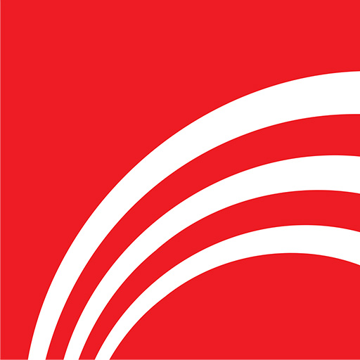 A red square with three white sound waves in the corner